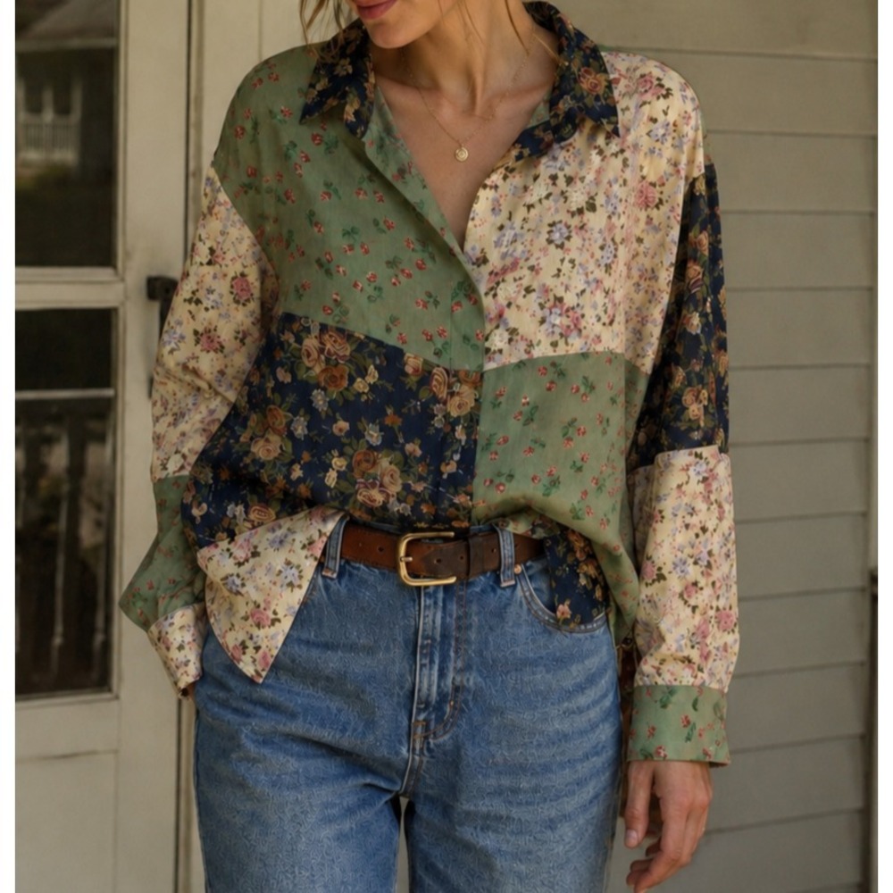 Liz Sport Vtg 90s Patchwork Floral Blouse Sheer Colorblock Cottagecore Boho Sz S